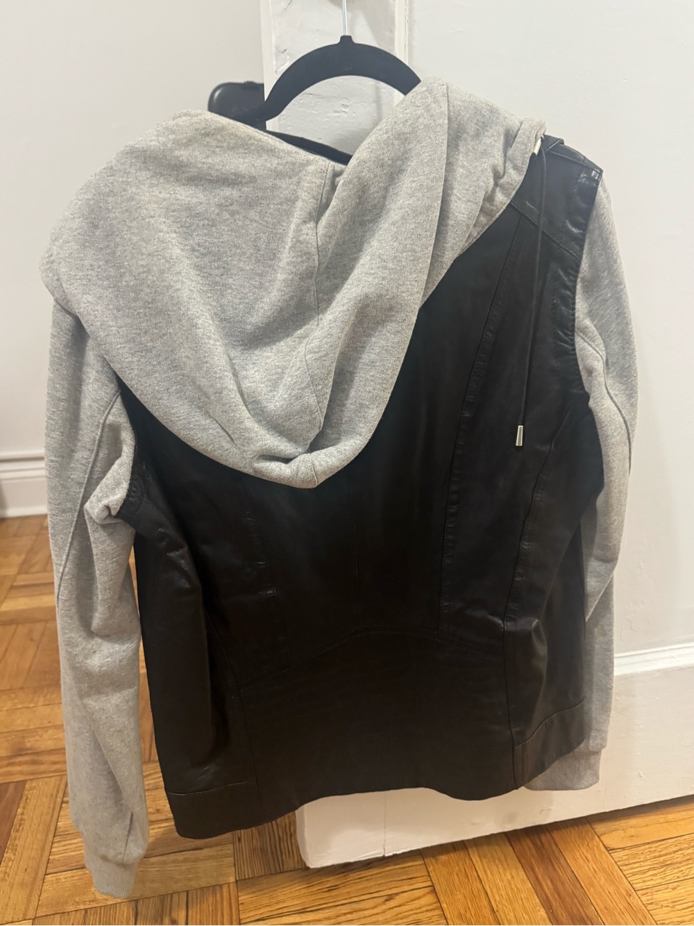 Leather-Front Hooded Jacket in Gray and Black